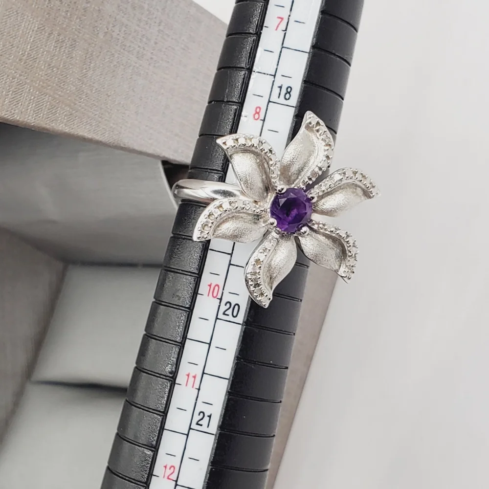 Genuine Round Purple Amethyst & Diamond Accent 925 Silver Flower Statement Ring